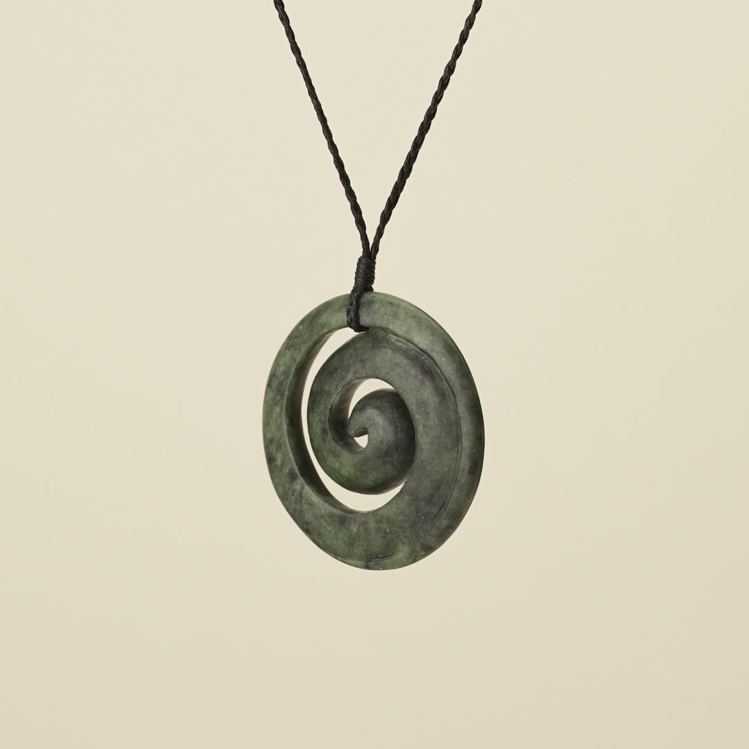 Koru Kawakawa Pounamu Pendant, Black Binding