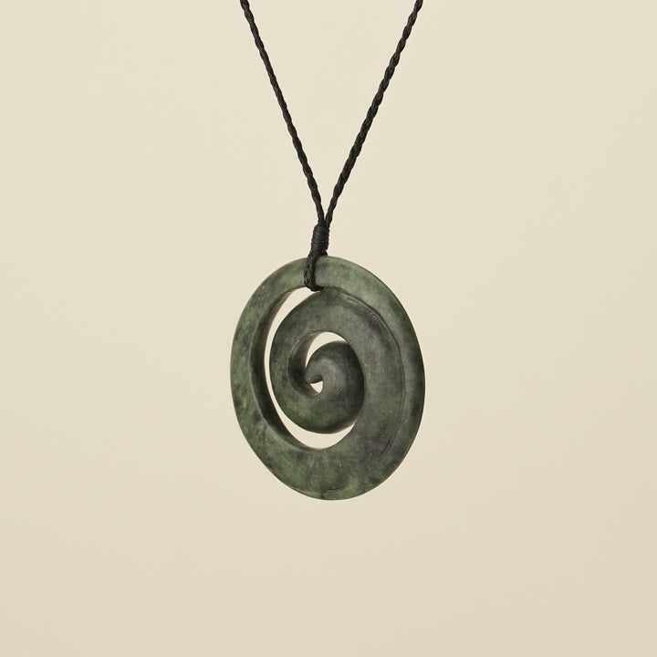 Koru Kawakawa Pounamu Pendant, Black Binding