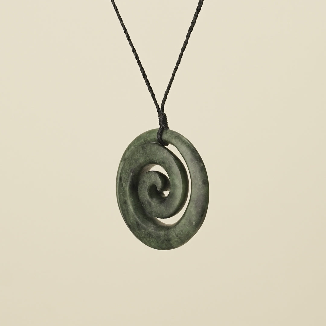 Koru Kawakawa Pounamu Pendant, Black Binding