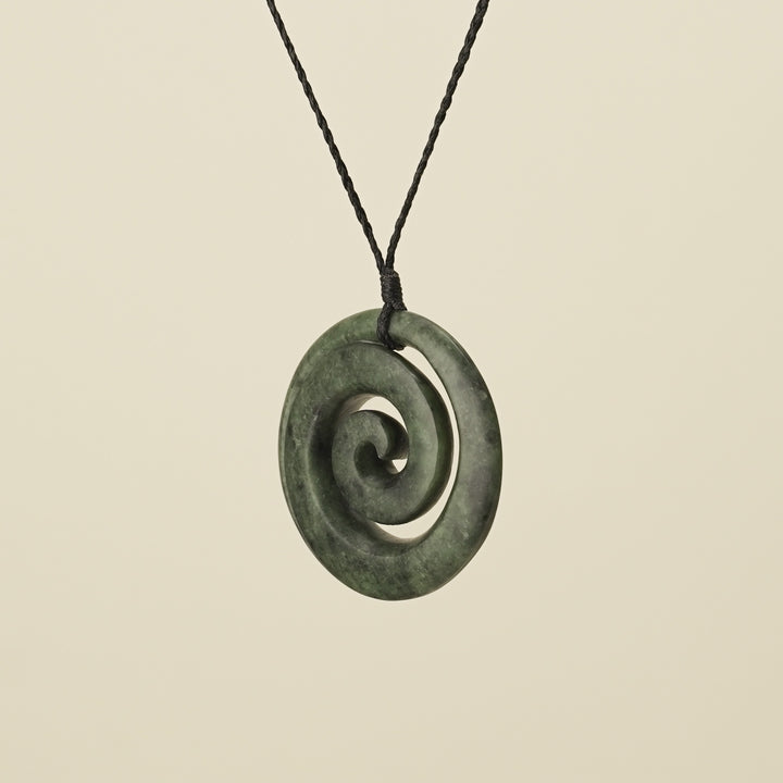 Koru Kawakawa Pounamu Pendant, Black Binding
