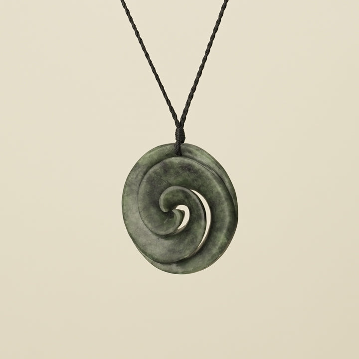 Koru Kawakawa Pounamu Pendant, Black Binding
