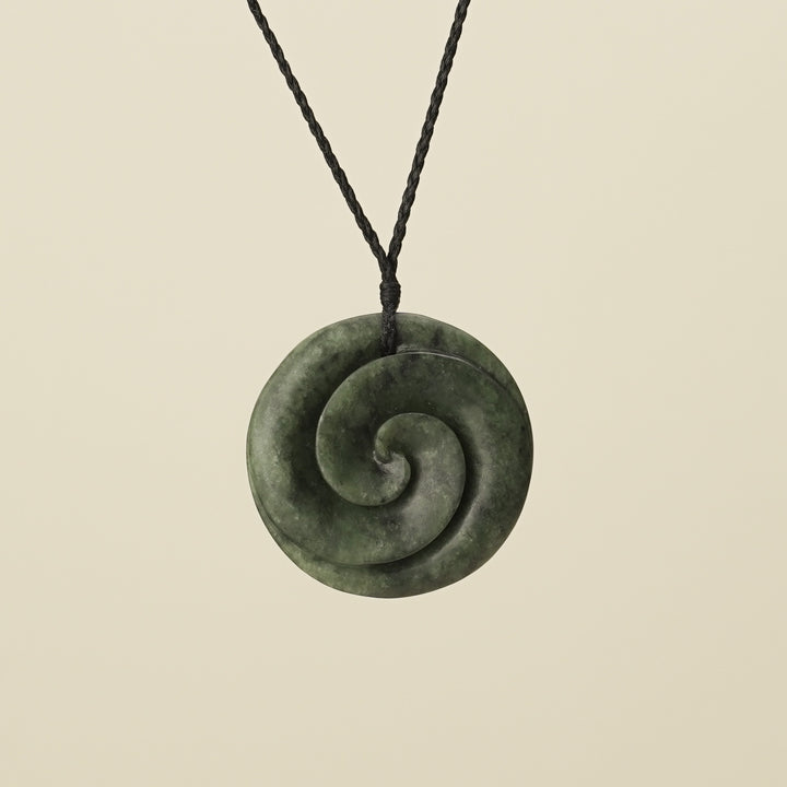 Koru Kawakawa Pounamu Pendant, Black Binding