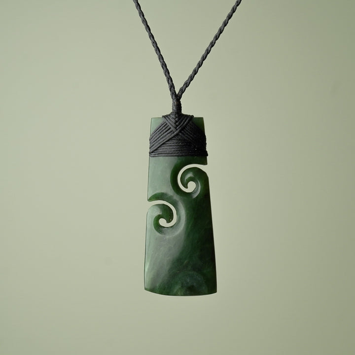 Large Pounamu Toki with Koru, Black Binding
