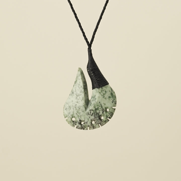 Notched Hei Matau Kōkopu Greenstone Large Pendant, Black Binding
