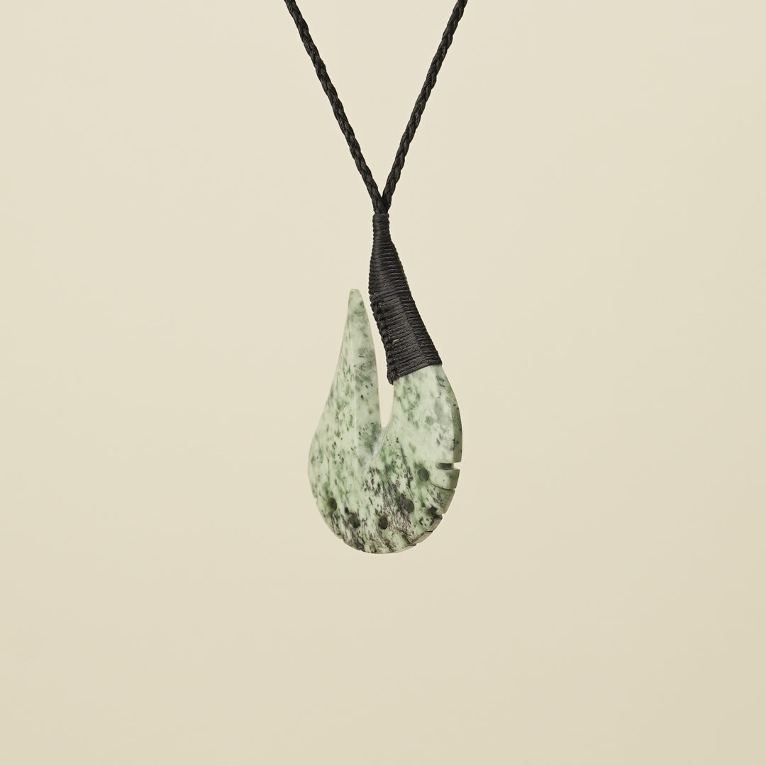 Notched Hei Matau Kōkopu Greenstone Large Pendant, Black Binding