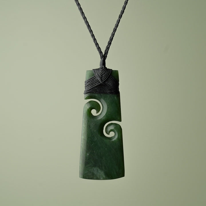Large Pounamu Toki with Koru, Black Binding