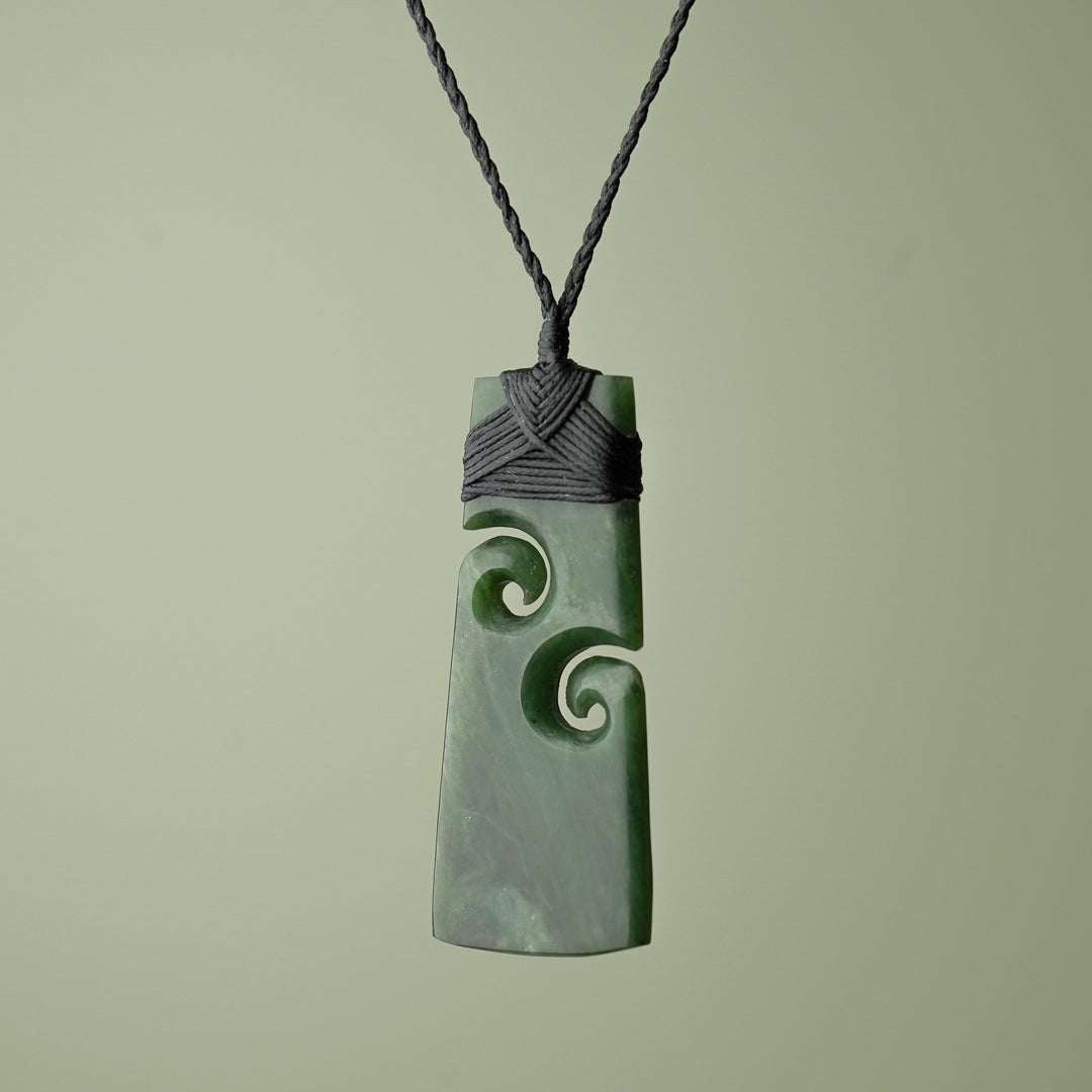 Large Pounamu Toki with Koru, Black Binding