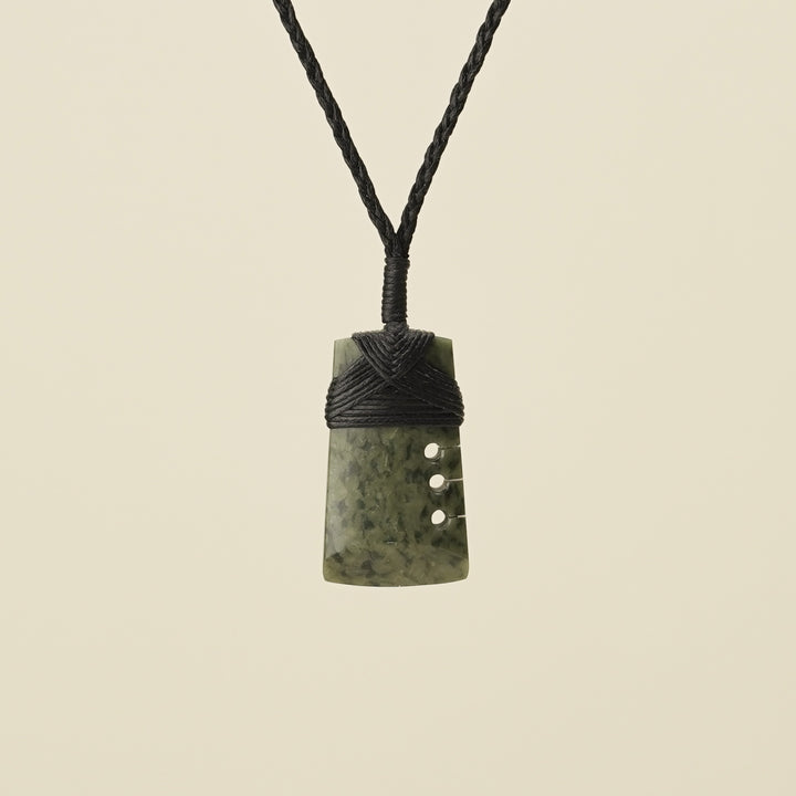 Notched Toki Kawakawa Extra Small Pounamu Pendant, Black Binding