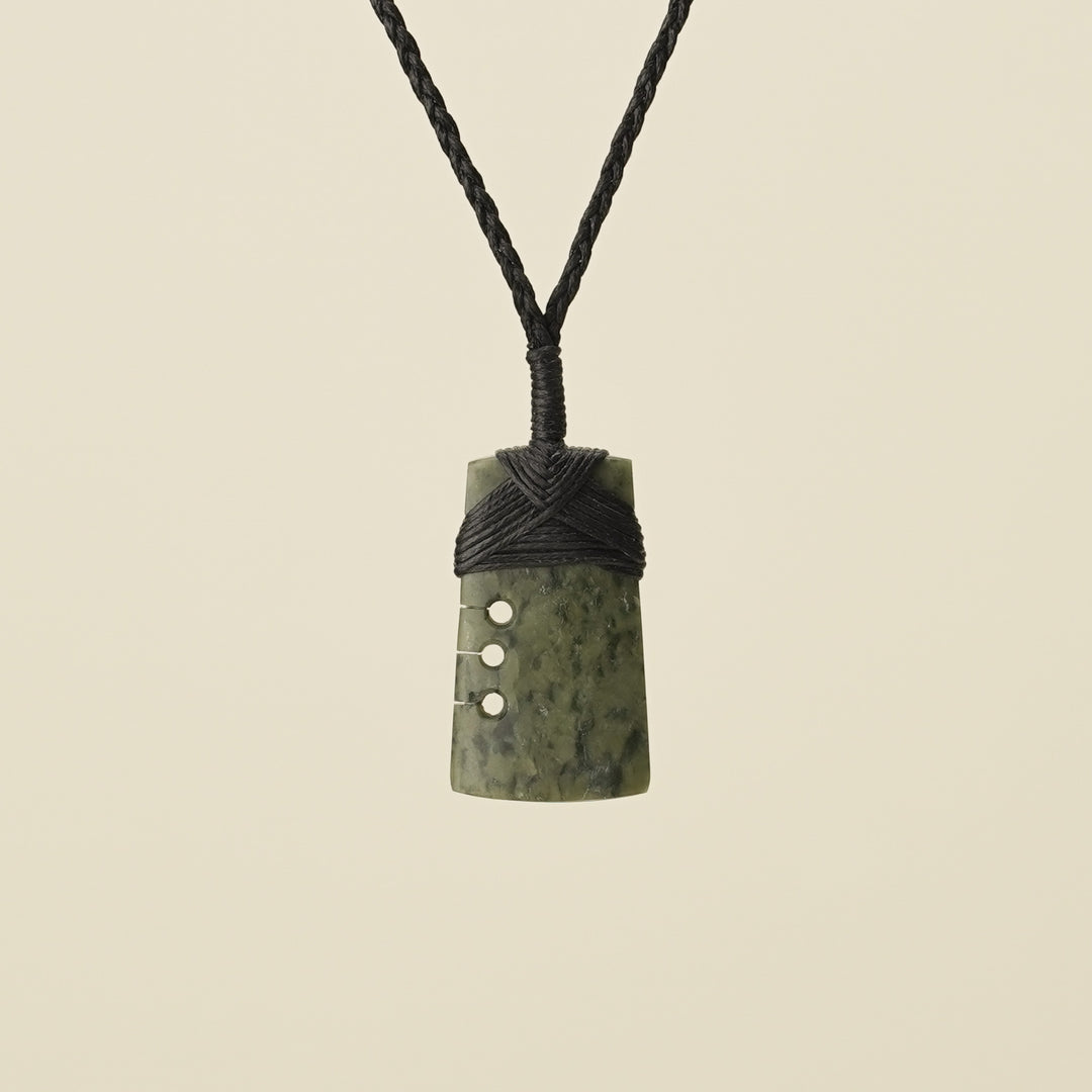 Notched Toki Kawakawa Extra Small Pounamu Pendant, Black Binding