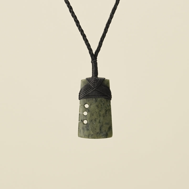 Notched Toki Kawakawa Extra Small Pounamu Pendant, Black Binding