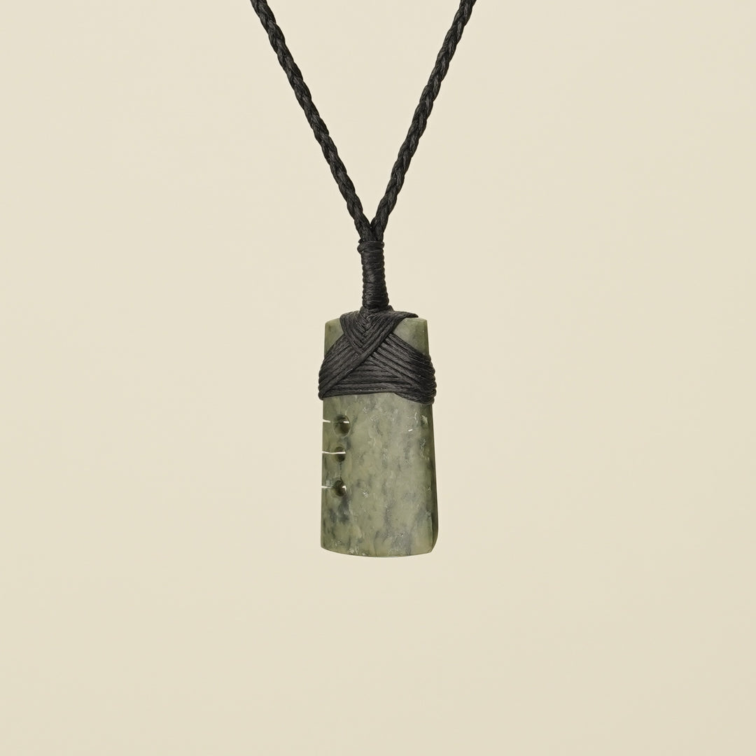 Notched Toki Kawakawa Extra Small Pounamu Pendant, Black Binding