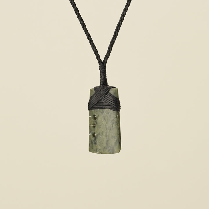 Notched Toki Kawakawa Extra Small Pounamu Pendant, Black Binding