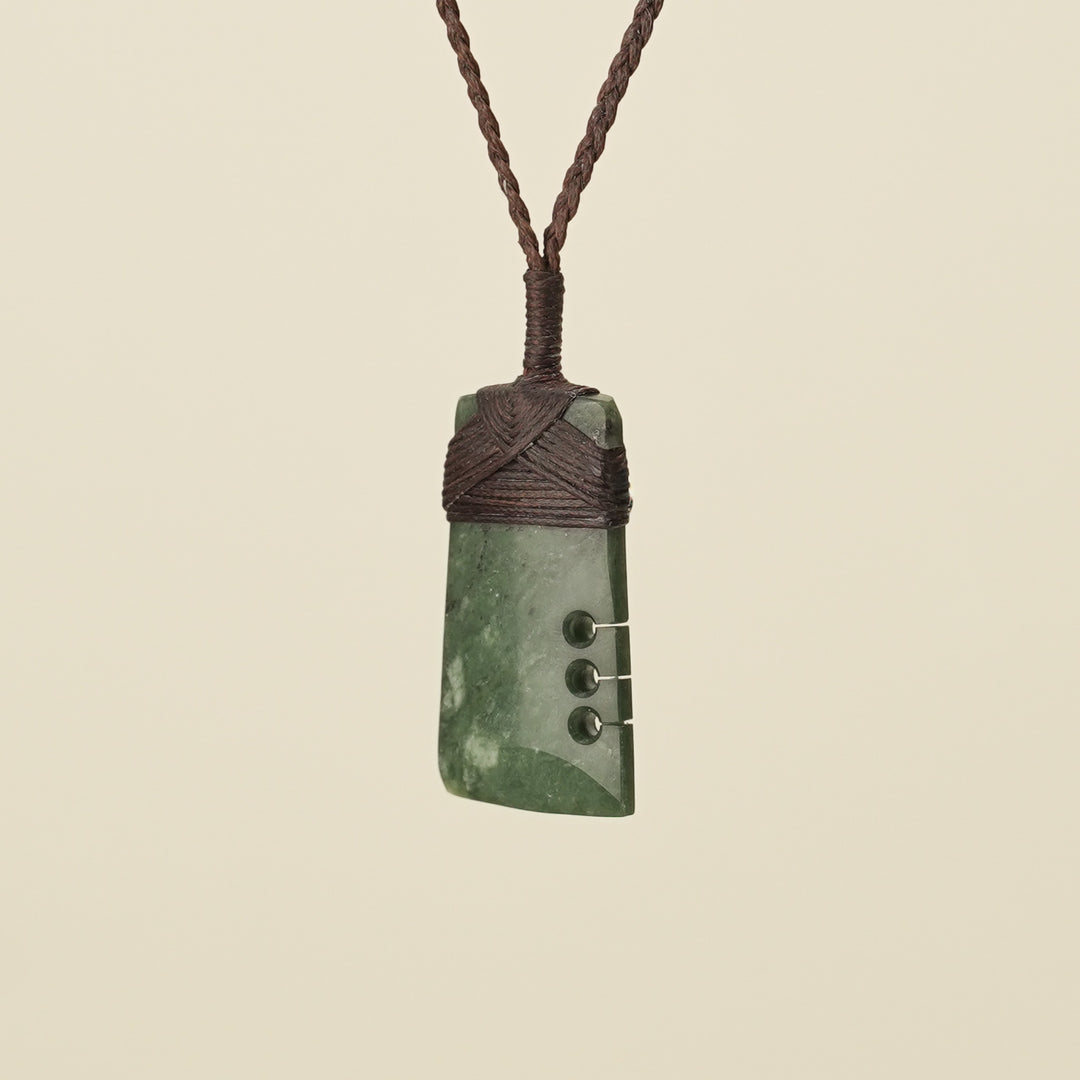 Notched Toki Kawakawa Small Pounamu Pendant, Brown Binding