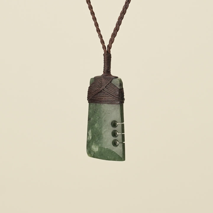 Notched Toki Kawakawa Small Pounamu Pendant, Brown Binding