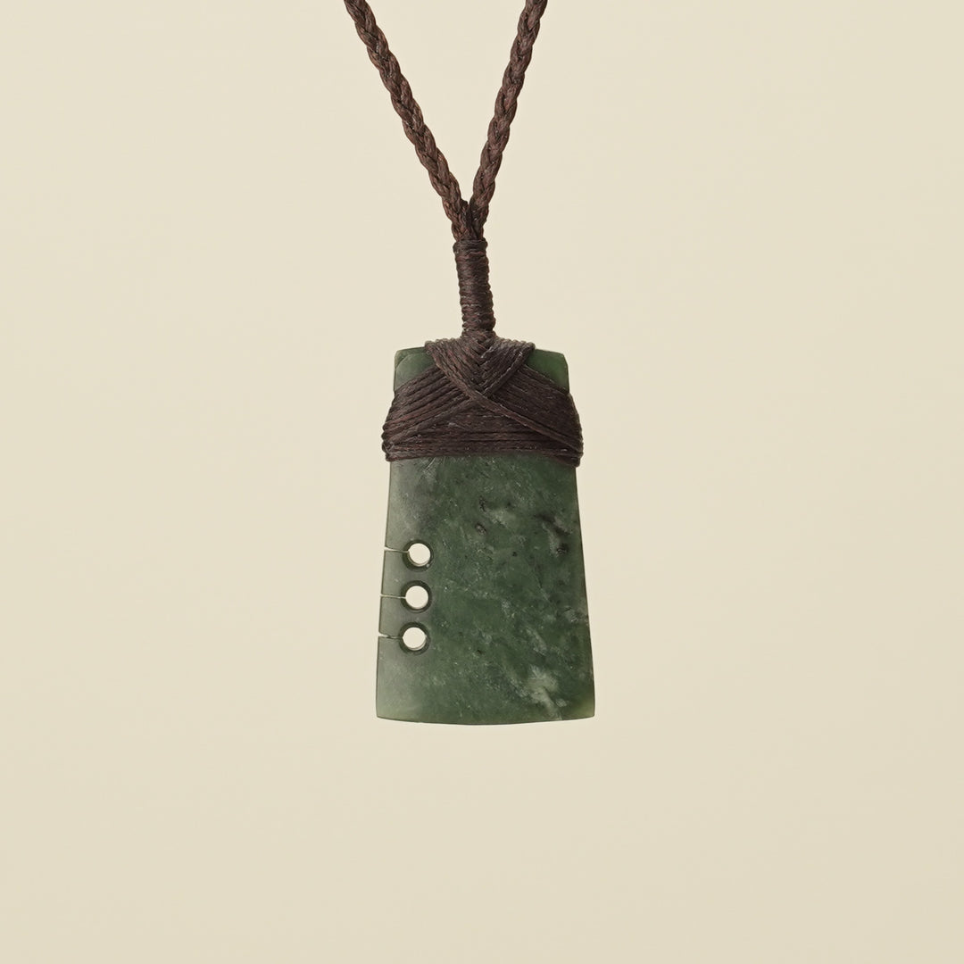 Notched Toki Kawakawa Small Pounamu Pendant, Brown Binding
