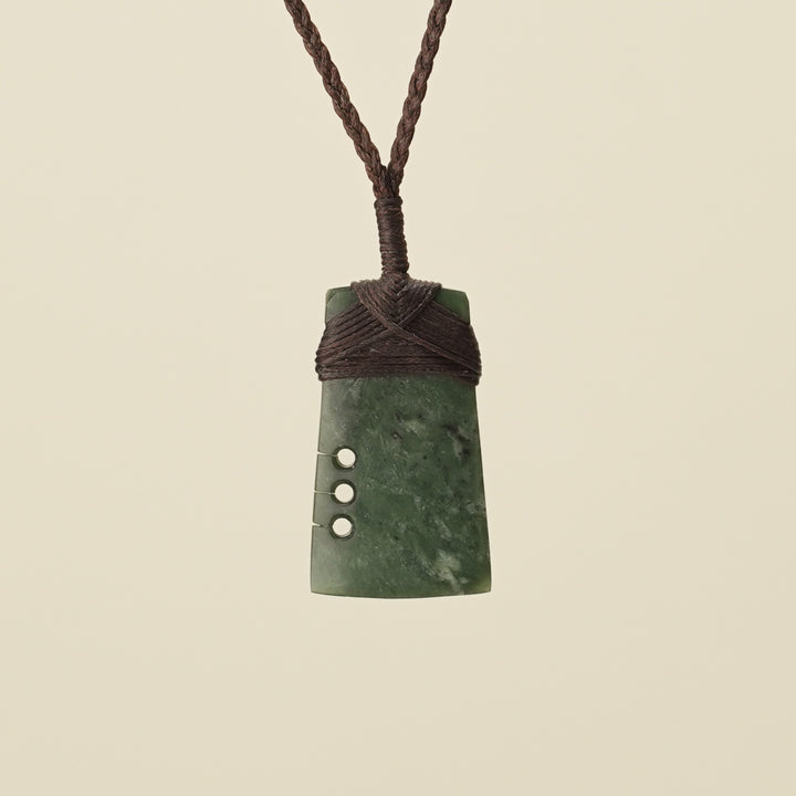 Notched Toki Kawakawa Small Pounamu Pendant, Brown Binding