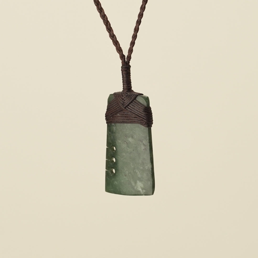 Notched Toki Kawakawa Small Pounamu Pendant, Brown Binding