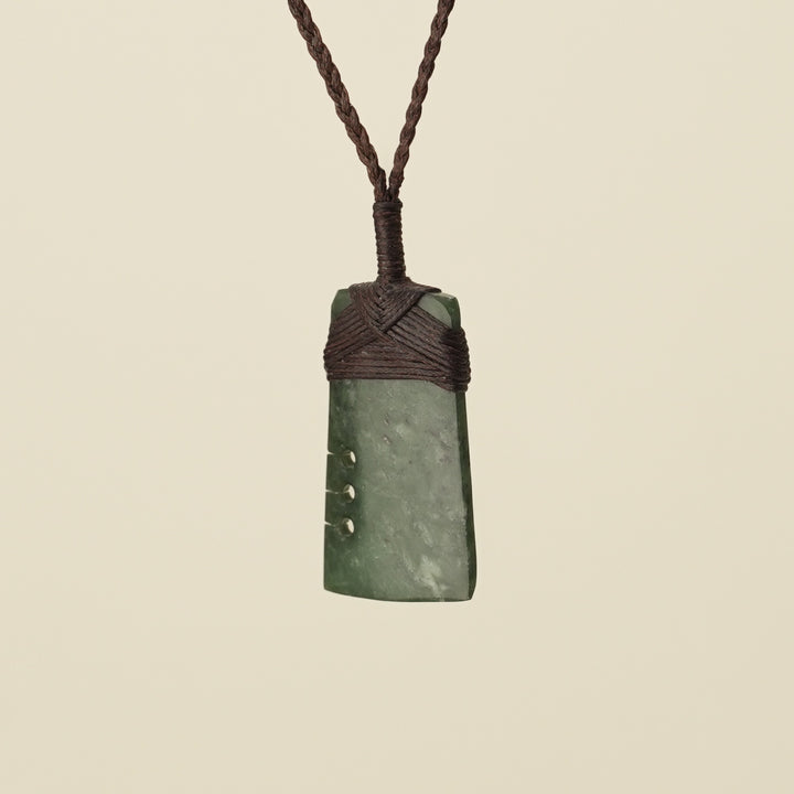 Notched Toki Kawakawa Small Pounamu Pendant, Brown Binding