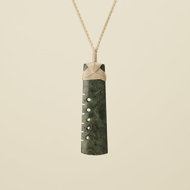 Notched Toki Hapopo Large Pounamu Pendant, Tan Binding