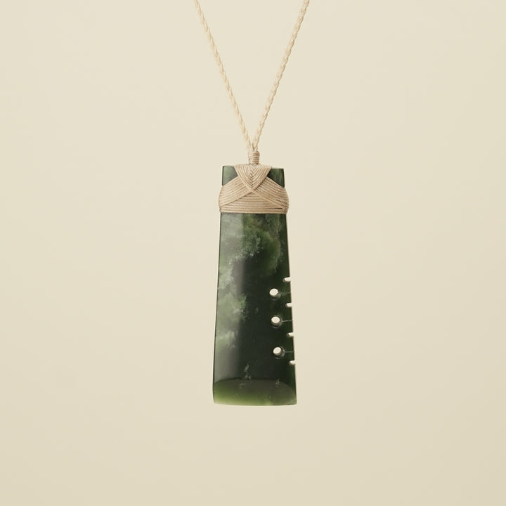 Notched Toki Flower Large Pounamu Pendant Tan Binding