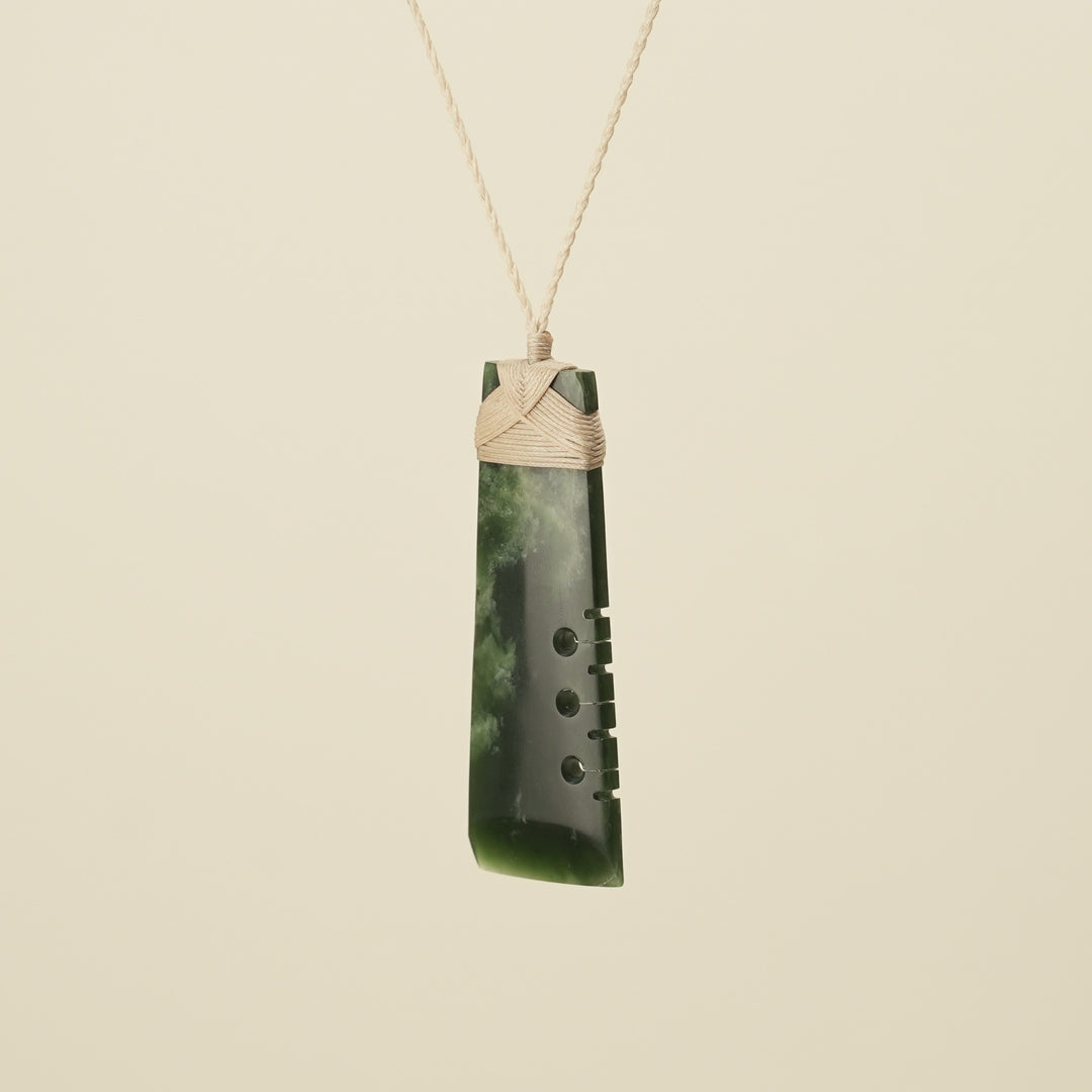Notched Toki Flower Large Pounamu Pendant Tan Binding