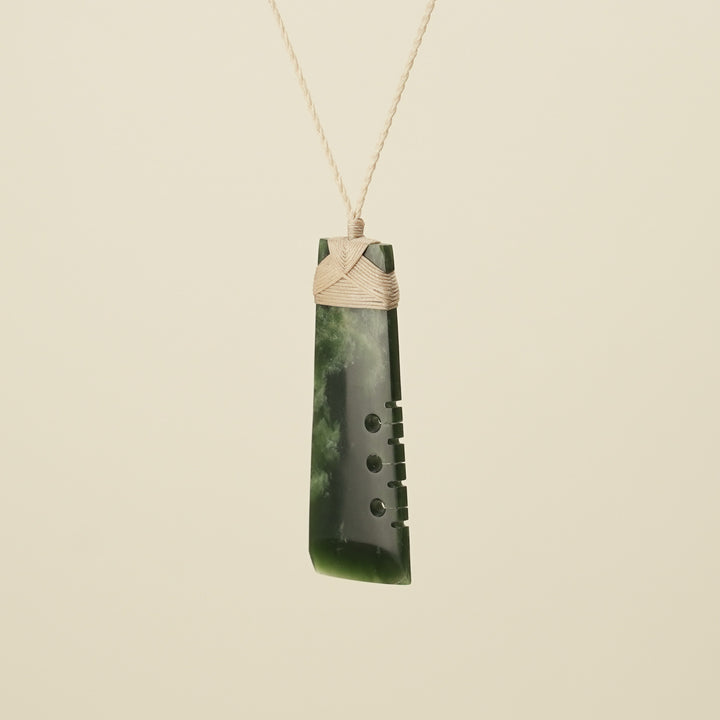 Notched Toki Flower Large Pounamu Pendant Tan Binding