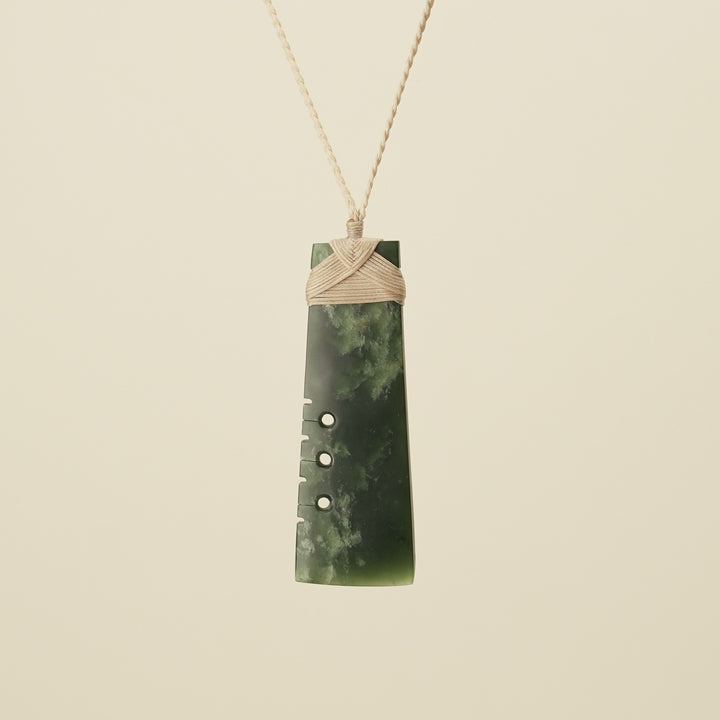 Notched Toki Flower Large Pounamu Pendant Tan Binding