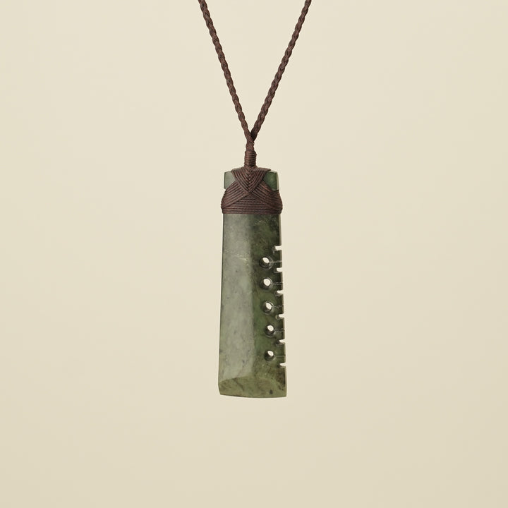 Notched Toki Raukaraka Inanga Matte Large Pounamu, Brown Binding