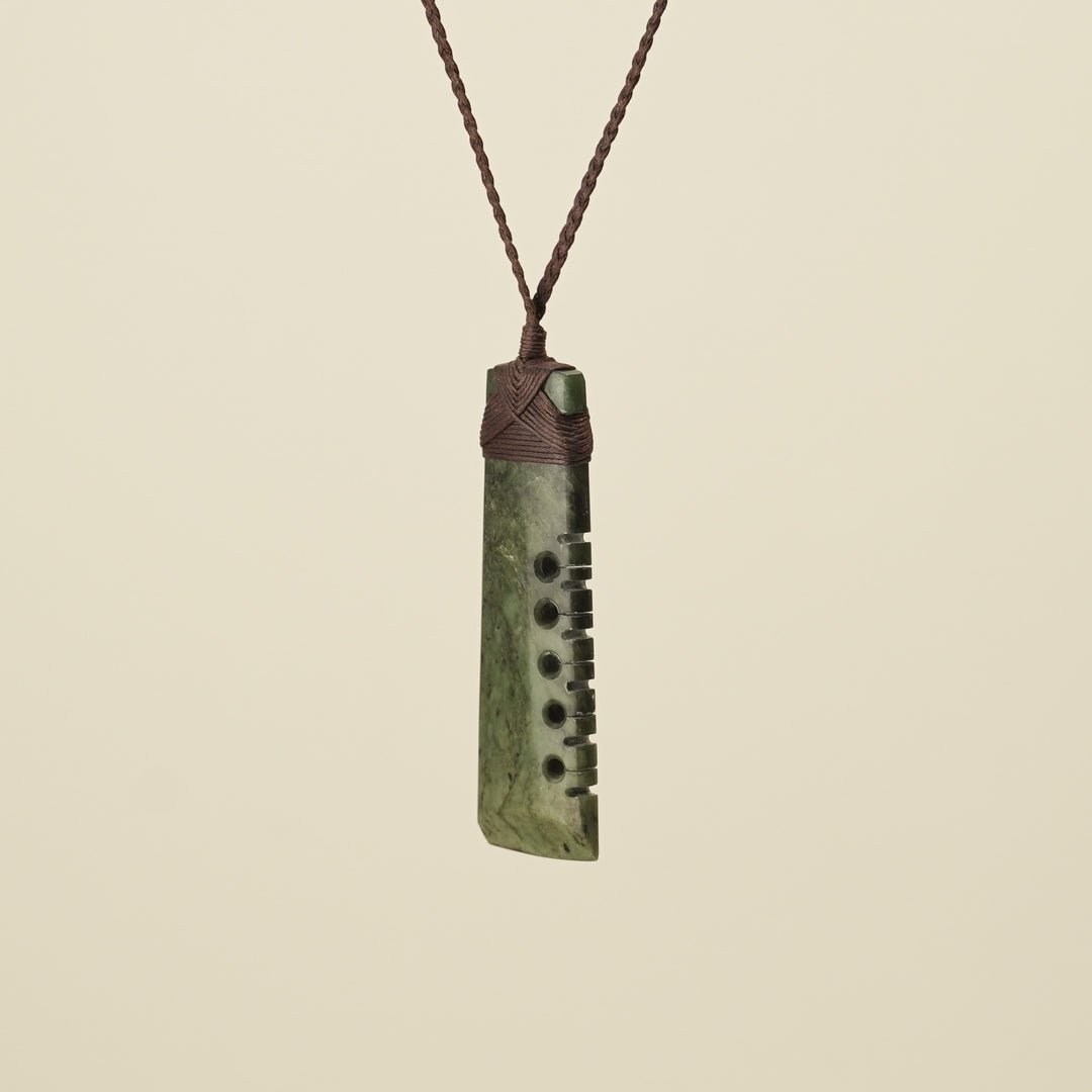 Notched Toki Raukaraka Inanga Matte Large Pounamu, Brown Binding