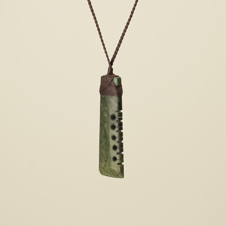 Notched Toki Raukaraka Inanga Matte Large Pounamu, Brown Binding