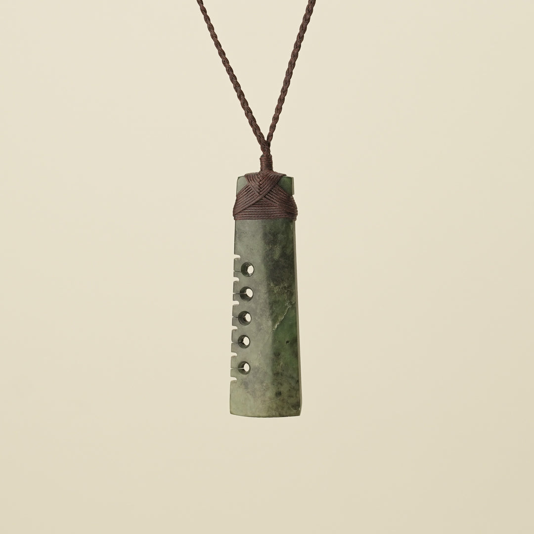 Notched Toki Raukaraka Inanga Matte Large Pounamu, Brown Binding