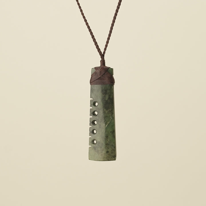 Notched Toki Raukaraka Inanga Matte Large Pounamu, Brown Binding