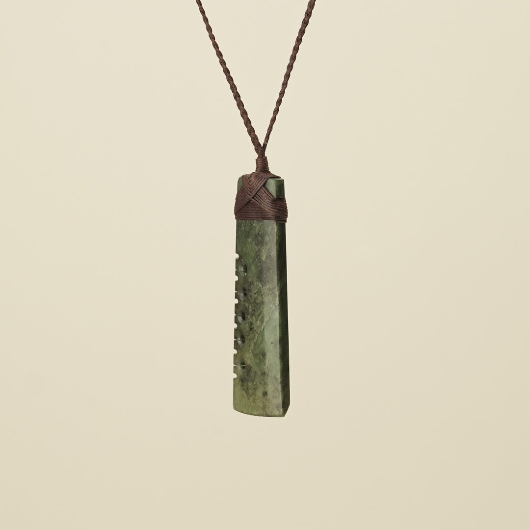 Notched Toki Raukaraka Inanga Matte Large Pounamu, Brown Binding