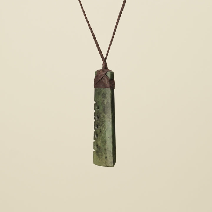 Notched Toki Raukaraka Inanga Matte Large Pounamu, Brown Binding