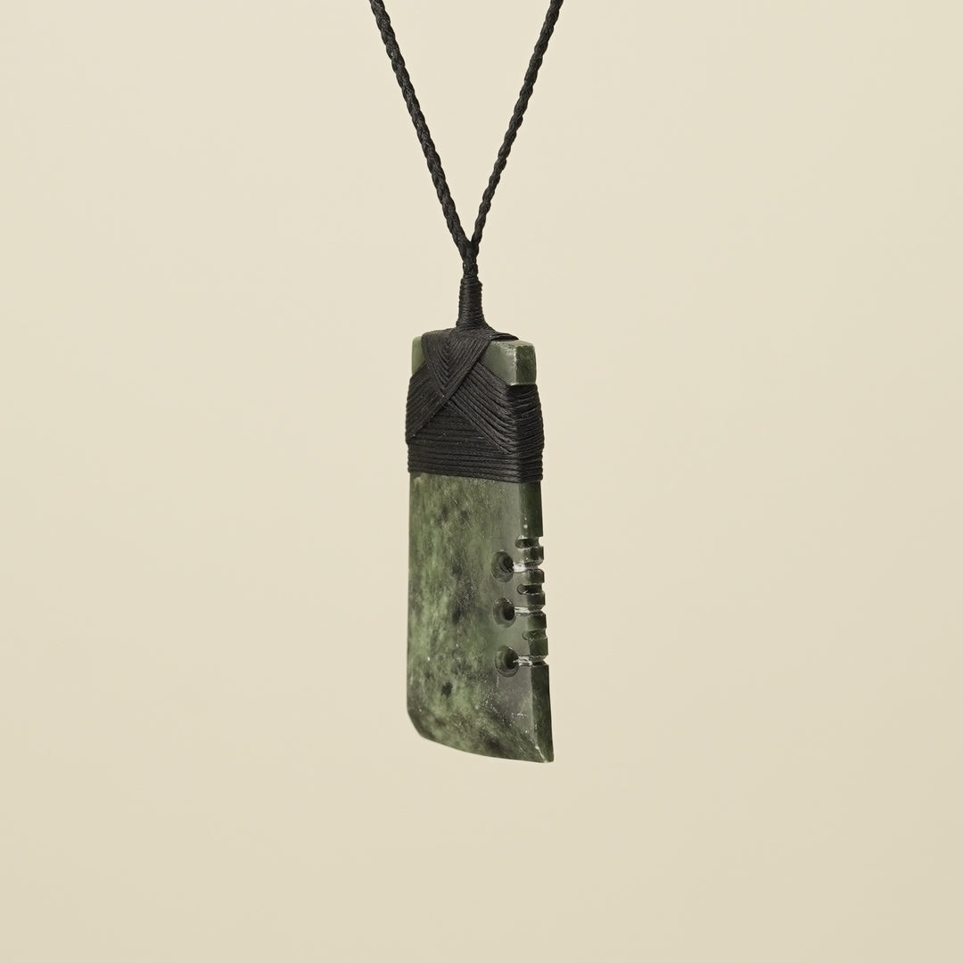Notched Toki Hapopo Large Pounamu Pendant, Black Binding