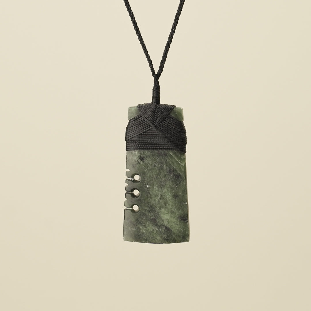 Notched Toki Hapopo Large Pounamu Pendant, Black Binding