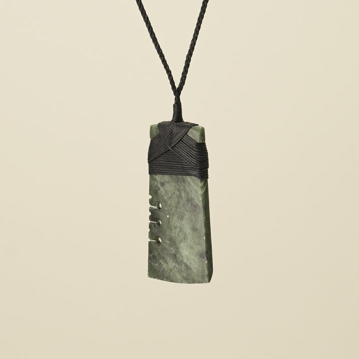 Notched Toki Hapopo Large Pounamu Pendant, Black Binding