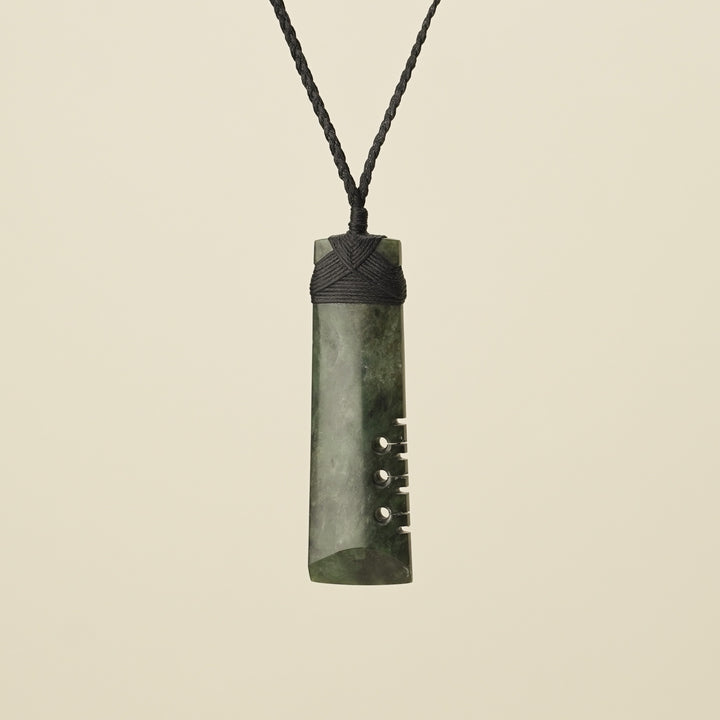 Notched Toki Hapopo Large Pounamu Pendant, Black Binding