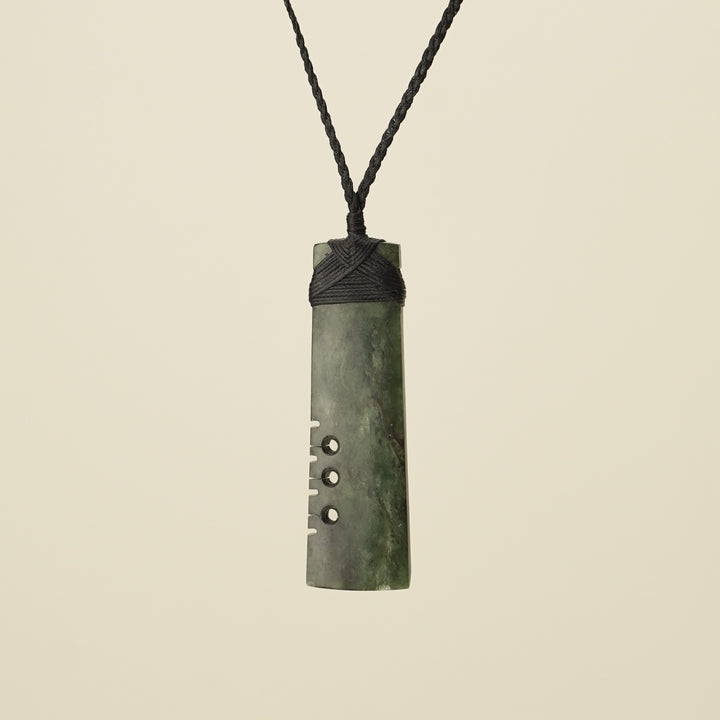 Notched Toki Hapopo Large Pounamu Pendant, Black Binding