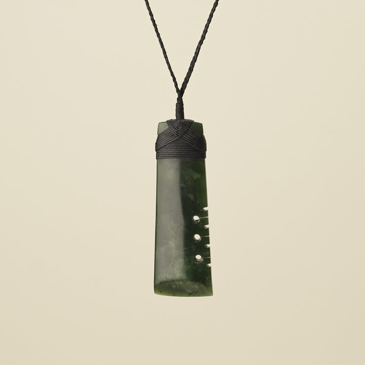 Notched Toki Flower Large Pounamu Pendant, Black Binding