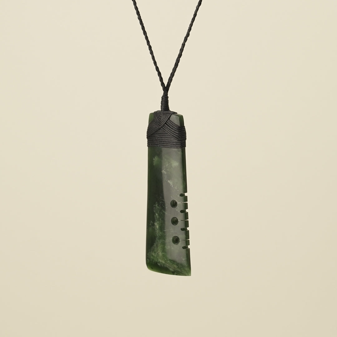 Notched Toki Flower Large Pounamu Pendant, Black Binding