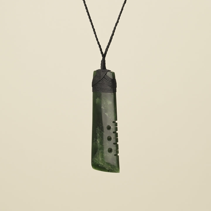 Notched Toki Flower Large Pounamu Pendant, Black Binding