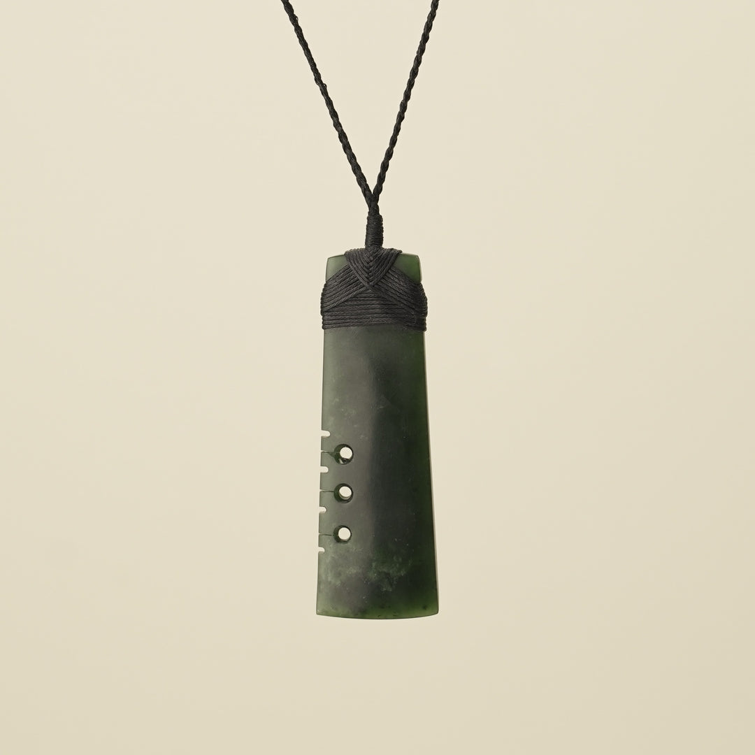 Notched Toki Flower Large Pounamu Pendant, Black Binding