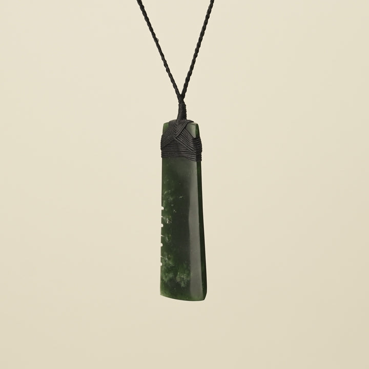 Notched Toki Flower Large Pounamu Pendant, Black Binding