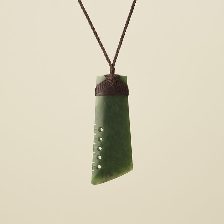 Notched Toki Kawakawa Matte Extra Large Pounamu, Brown Binding