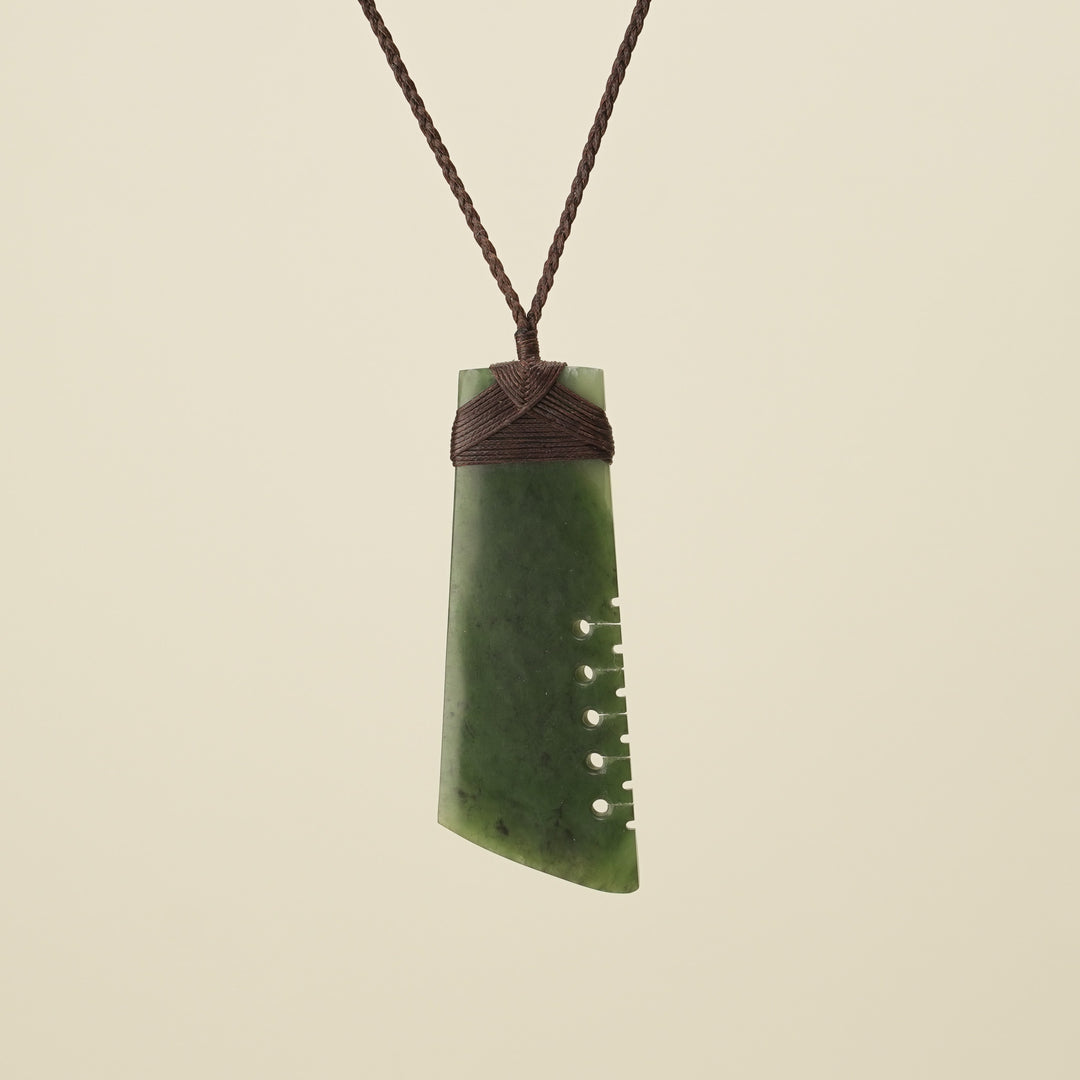 Notched Toki Kawakawa Matte Extra Large Pounamu, Brown Binding