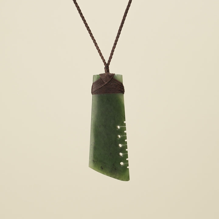 Notched Toki Kawakawa Matte Extra Large Pounamu, Brown Binding