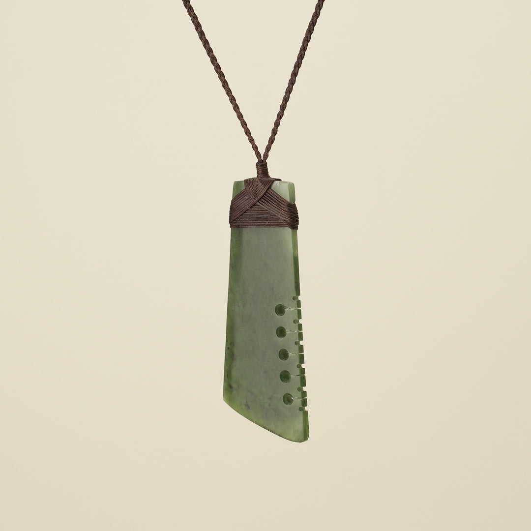 Notched Toki Kawakawa Matte Extra Large Pounamu, Brown Binding