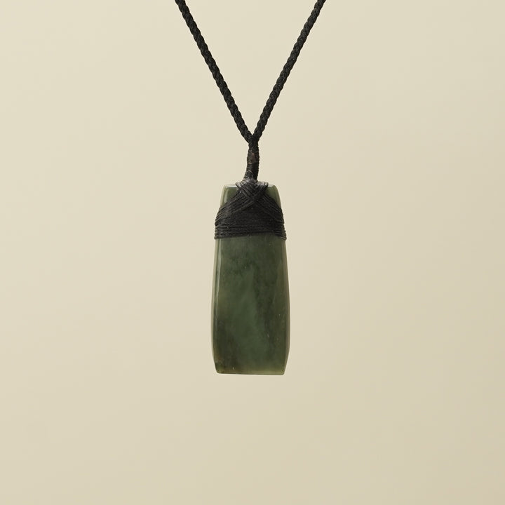 Toki Kawakawa Pounamu Medium Large Pendant, Black Binding