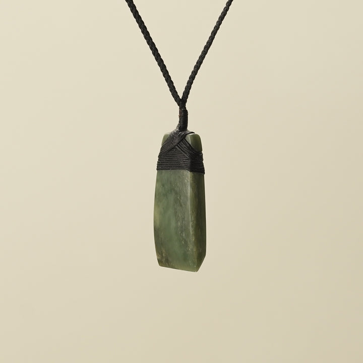 Toki Kawakawa Pounamu Medium Large Pendant, Black Binding